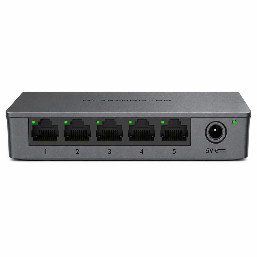 Front view of Grandstream GWN7700 5-Port Gigabit Unmanaged Ethernet Switch showing five Gigabit LAN ports and power input.