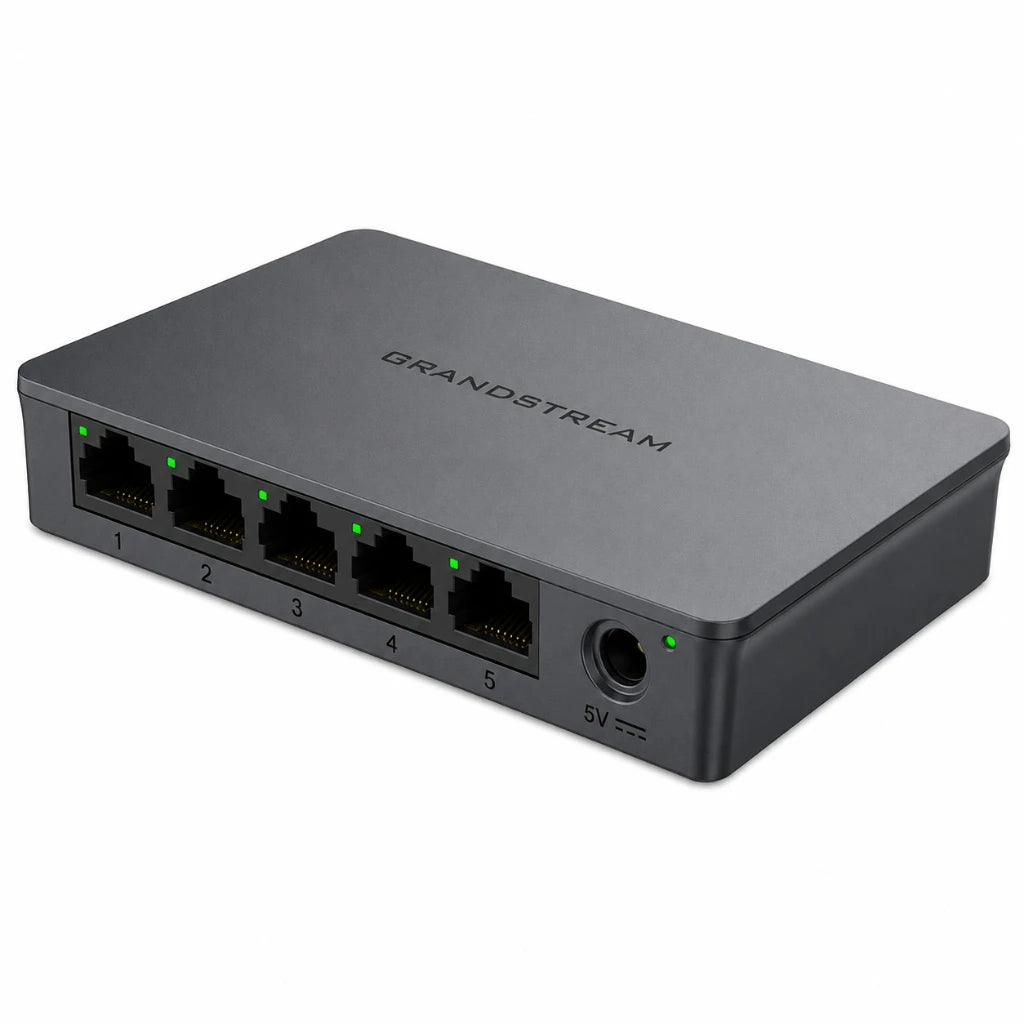 Grandstream GWN7700 5-Port Gigabit Unmanaged Network Switch front left angle view with five RJ45 Gigabit Ethernet ports.