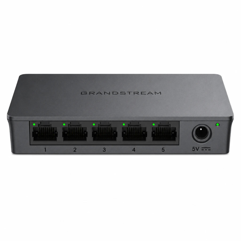 Grandstream GWN7700 unmanaged 5-Port Gigabit Ethernet switch front view with LED indicators and RJ45 ports.