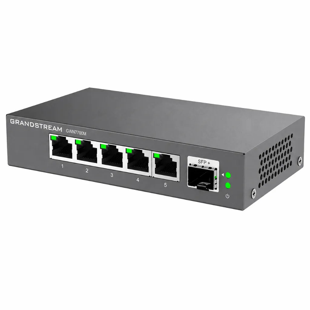 Left angle view of Grandstream GWN7700M 2.5G unmanaged network switch featuring five 2.5GbE ports and one 10G SFP+ uplink