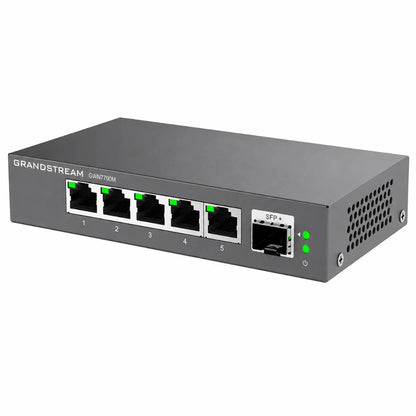 Left angle view of Grandstream GWN7700M 2.5G unmanaged network switch featuring five 2.5GbE ports and one 10G SFP+ uplink