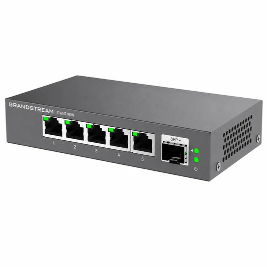 Left angle view of Grandstream GWN7700M 2.5G unmanaged network switch featuring five 2.5GbE ports and one 10G SFP+ uplink