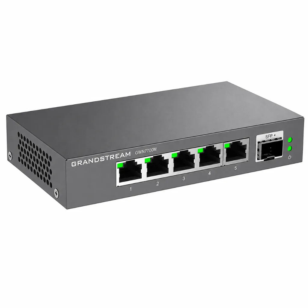 Right angle view of Grandstream GWN7700M unmanaged 2.5 Gigabit Ethernet switch with 10G SFP+ uplink port
