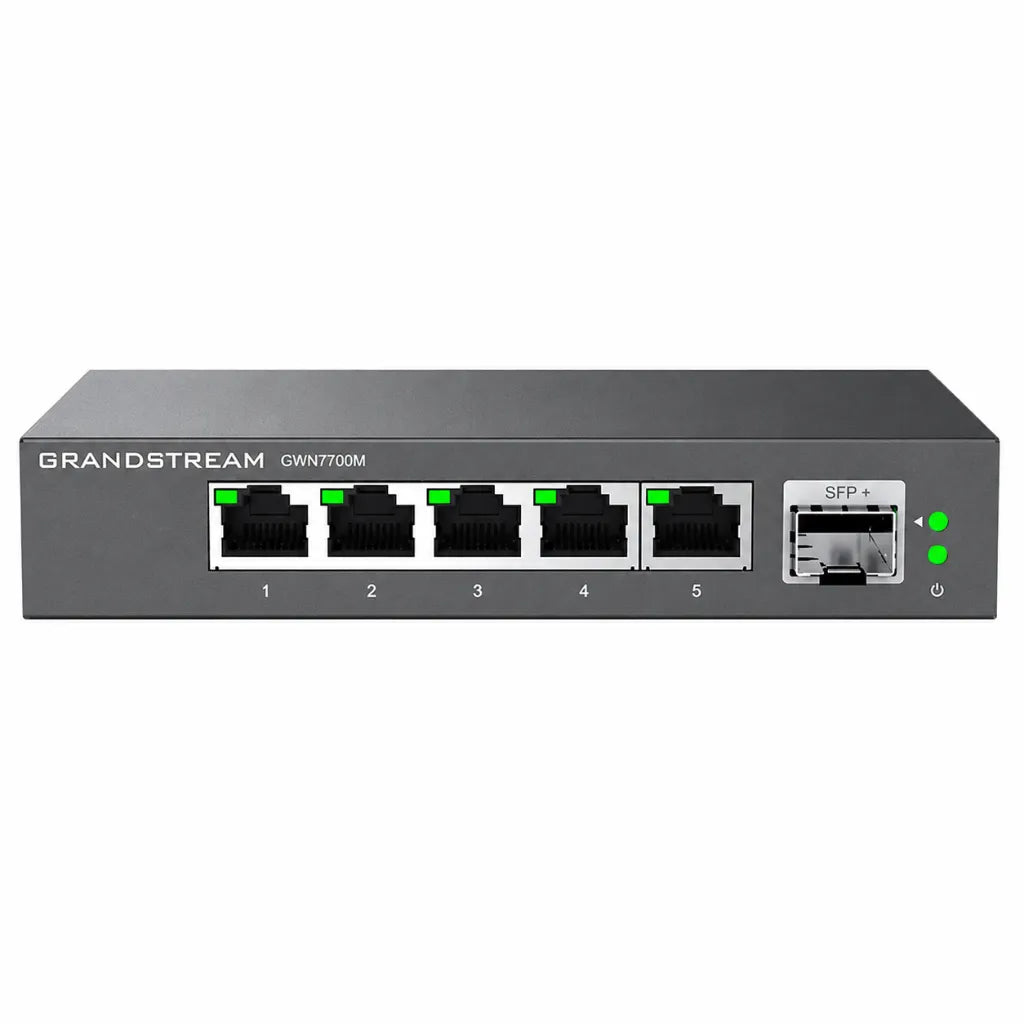 Front view of Grandstream GWN7700M 5-port 2.5G unmanaged Ethernet switch with SFP+ uplink