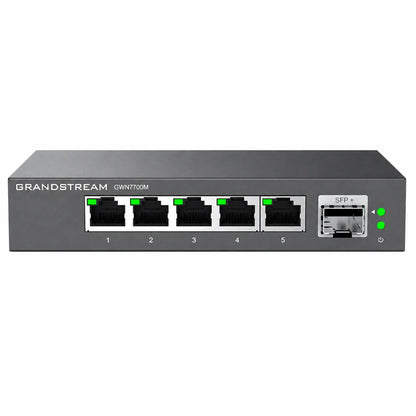 Front view of Grandstream GWN7700M 5-port 2.5G unmanaged Ethernet switch with SFP+ uplink