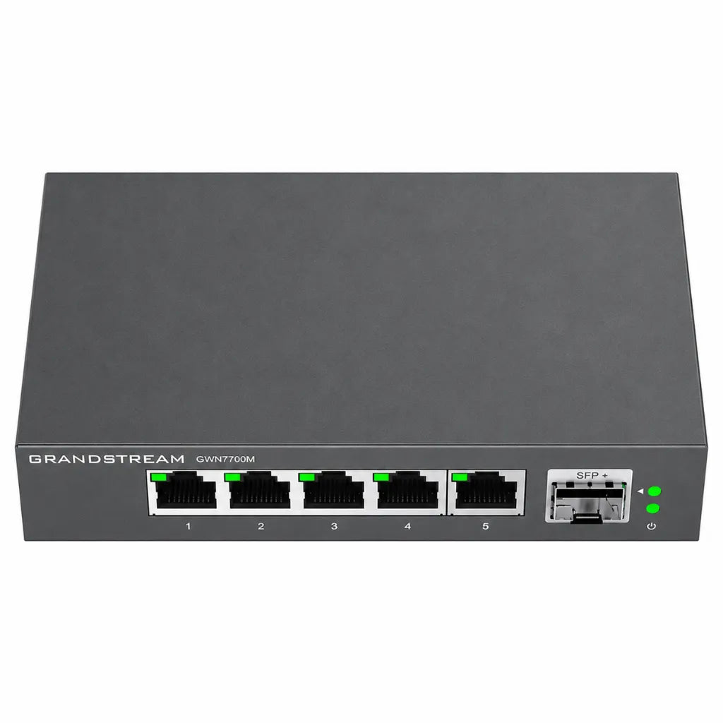 Top front perspective of Grandstream GWN7700M unmanaged multi-Gigabit network switch with metal housing
