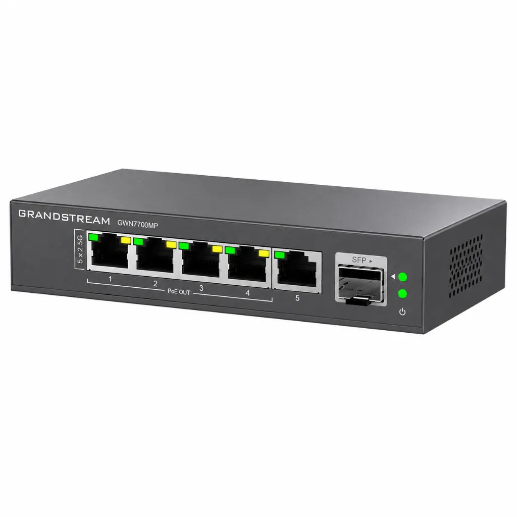 Right angled view of Grandstream GWN7700MP unmanaged 2.5 Gigabit PoE switch with five Ethernet ports and 10G SFP+ slot