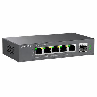 Left angled view of Grandstream GWN7700MP 2.5G unmanaged PoE network switch with metal chassis and SFP+ uplink