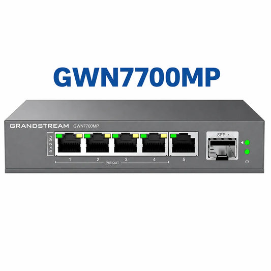 Grandstream GWN7700MP unmanaged 2.5G PoE switch featuring five 2.5GbE ports and one 10G SFP+ uplink