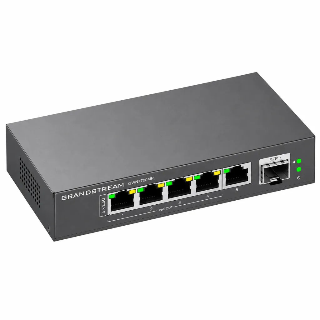 Top perspective of Grandstream GWN7700MP 2.5G unmanaged PoE network switch with desktop metal enclosure