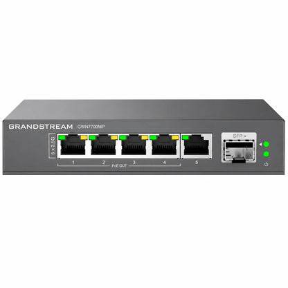 Grandstream GWN7700MP 2.5G unmanaged PoE network switch with 5 multi gigabit RJ45 ports and 10G SFP+ uplink front view