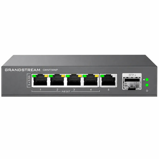 Grandstream GWN7700MP 2.5G unmanaged PoE network switch with 5 multi gigabit RJ45 ports and 10G SFP+ uplink front view