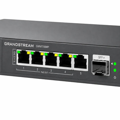 Close-up of Grandstream GWN7700MP front panel showing five 2.5GbE ports, PoE output ports, and 10G SFP+ uplink