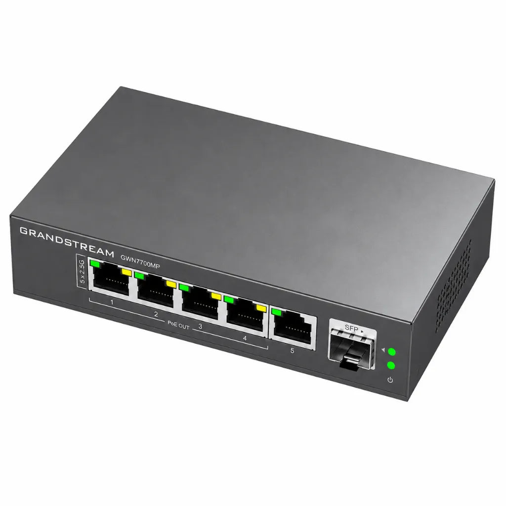 Perspective view of Grandstream GWN7700MP 2.5G unmanaged PoE network switch for business and office networking