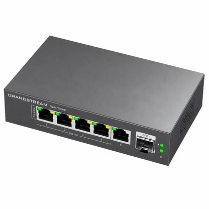 Perspective view of Grandstream GWN7700MP 2.5G unmanaged PoE network switch for business and office networking