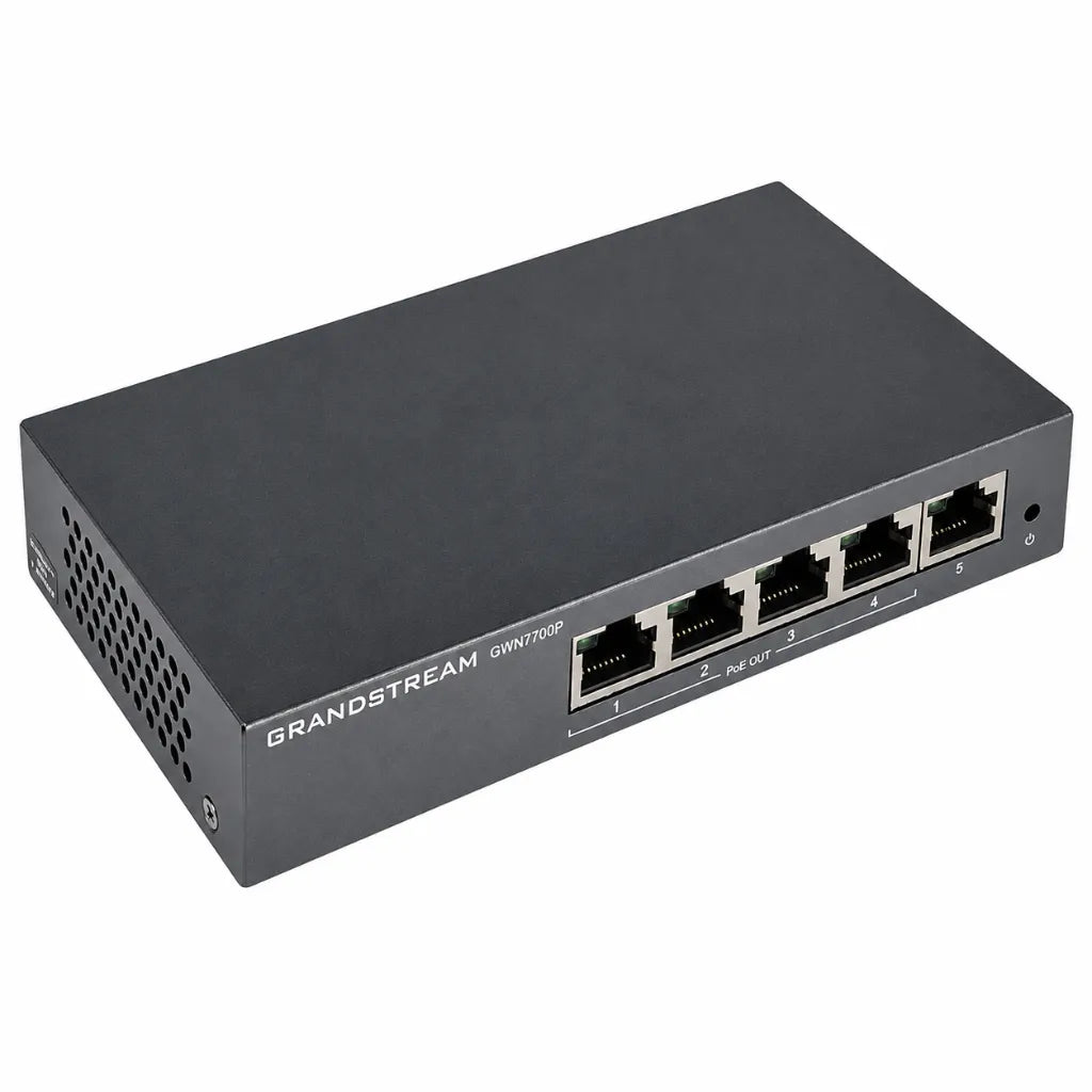 Grandstream GWN7700P 5-Port Gigabit PoE+ Network Switch angled front view with 4 PoE+ ports and metal enclosure.