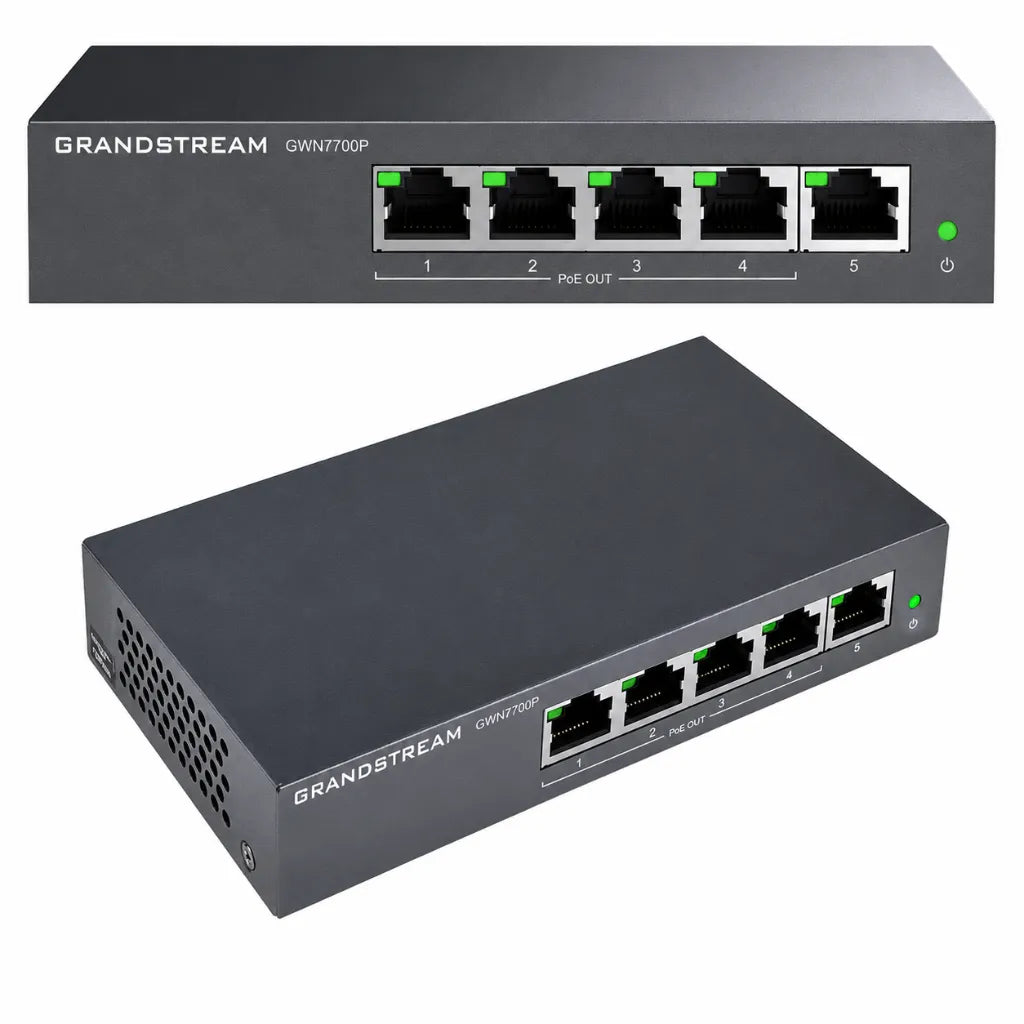 Grandstream GWN7700P 5-Port Gigabit PoE+ Network Switch front and angled product views showcasing Gigabit Ethernet ports.