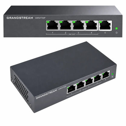 Grandstream GWN7700P 5-Port Gigabit PoE+ Network Switch front and angled product views showcasing Gigabit Ethernet ports.
