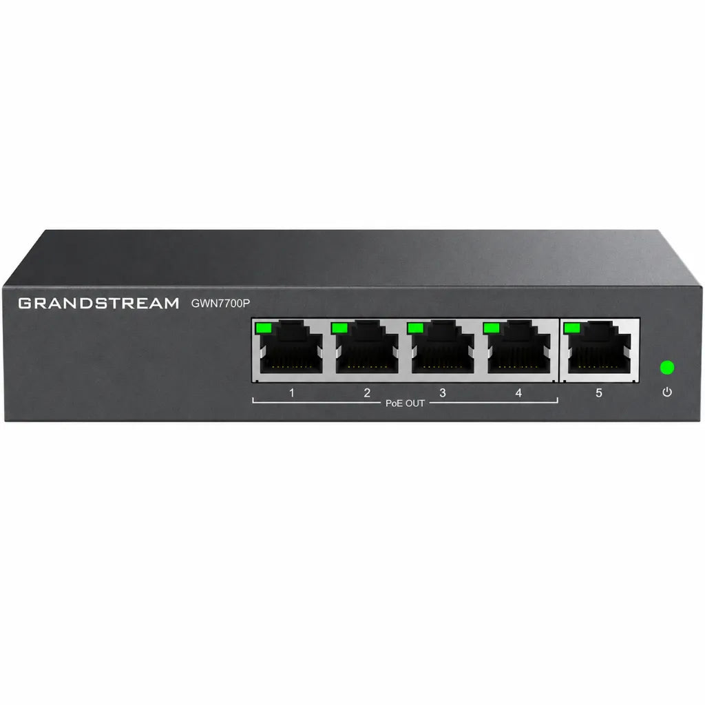 Front view of the Grandstream GWN7700P 5-Port Gigabit PoE+ Network Switch with five Gigabit RJ45 ports.