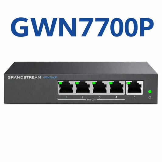 Grandstream GWN7700P 5-Port Gigabit PoE+ Network Switch product banner featuring front view and model name.