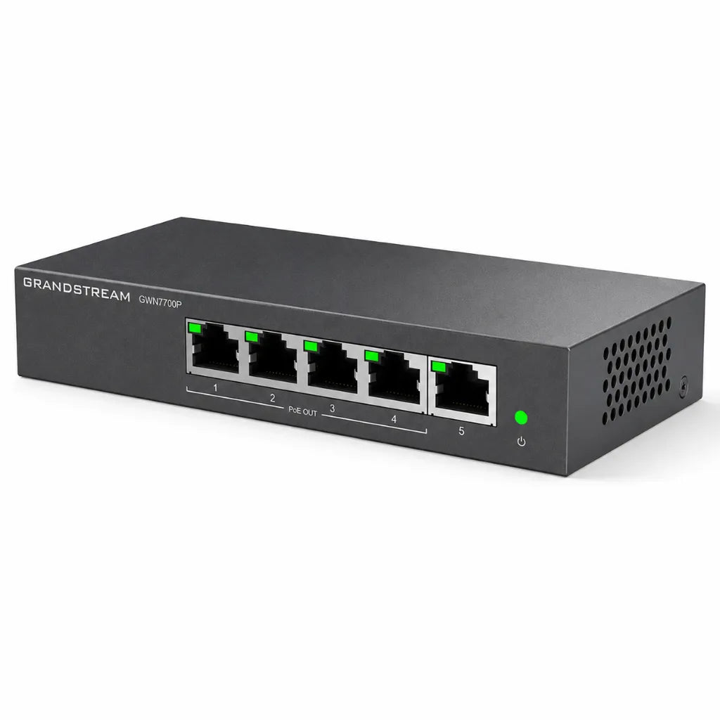Grandstream GWN7700P 5-Port Gigabit PoE+ Network Switch right angled view highlighting metal chassis and Ethernet ports.