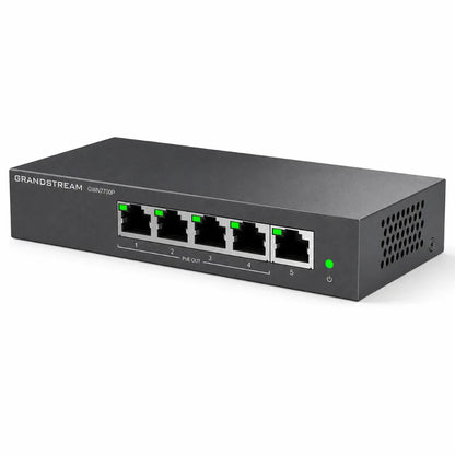Grandstream GWN7700P 5-Port Gigabit PoE+ Network Switch right angled view highlighting metal chassis and Ethernet ports.