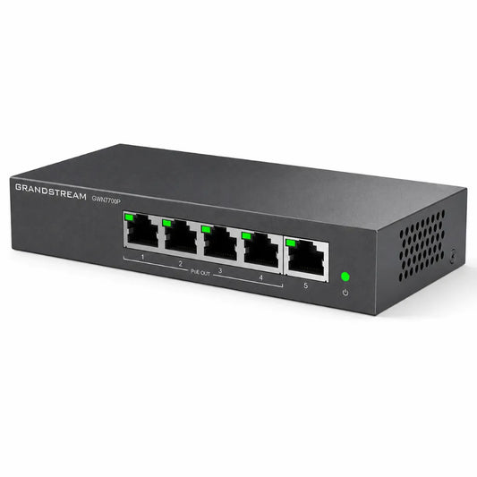 Grandstream GWN7700P 5-Port Gigabit PoE+ Network Switch right angled view highlighting metal chassis and Ethernet ports.