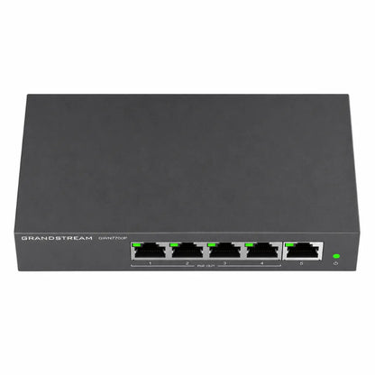 Top front view of the Grandstream GWN7700P 5-Port Gigabit PoE+ Network Switch with compact desktop design.