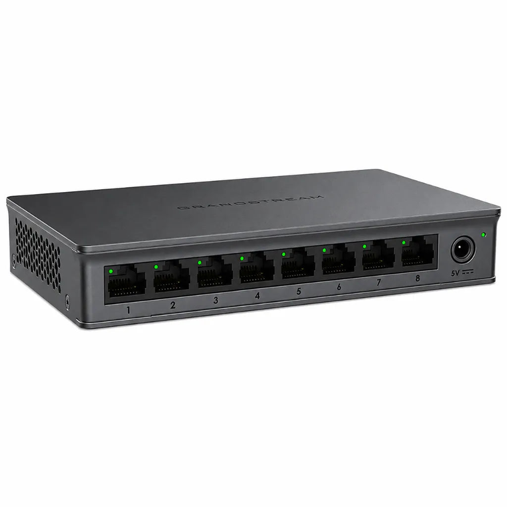Left angle view of Grandstream GWN7701 8-Port Gigabit Unmanaged Network Switch showing front Ethernet ports and side ventilation.