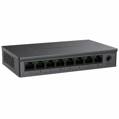 Left angle view of Grandstream GWN7701 8-Port Gigabit Unmanaged Network Switch showing front Ethernet ports and side ventilation.