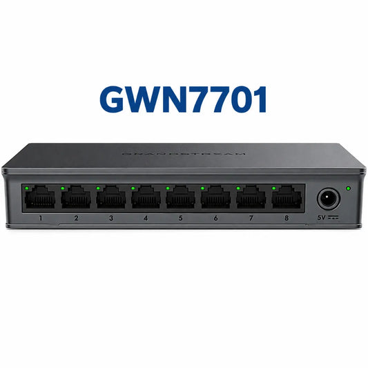Grandstream GWN7701 8-Port Gigabit Unmanaged Network Switch with model name displayed above the front panel.