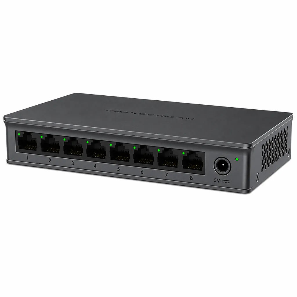 Right angle view of Grandstream GWN7701 unmanaged Gigabit Ethernet switch featuring eight RJ45 ports and compact desktop design.
