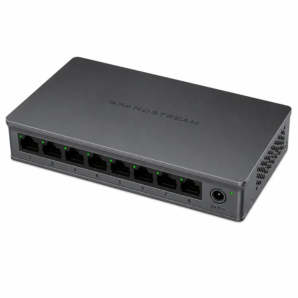 Top left perspective of Grandstream GWN7701 8-Port Gigabit Network Switch with Grandstream branding and front Ethernet ports.