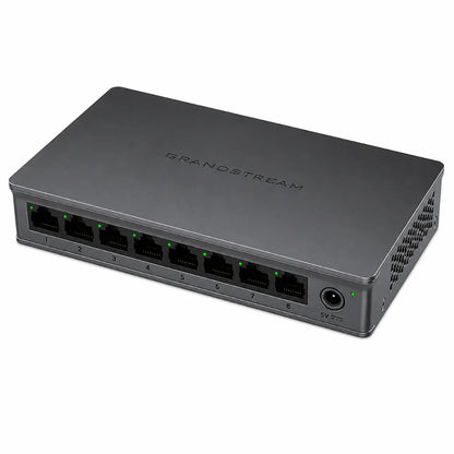 Top left perspective of Grandstream GWN7701 8-Port Gigabit Network Switch with Grandstream branding and front Ethernet ports.