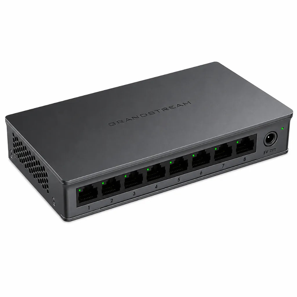 Top right perspective of Grandstream GWN7701 Gigabit unmanaged network switch with eight Gigabit LAN ports and fanless design.