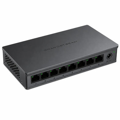 Top right perspective of Grandstream GWN7701 Gigabit unmanaged network switch with eight Gigabit LAN ports and fanless design.