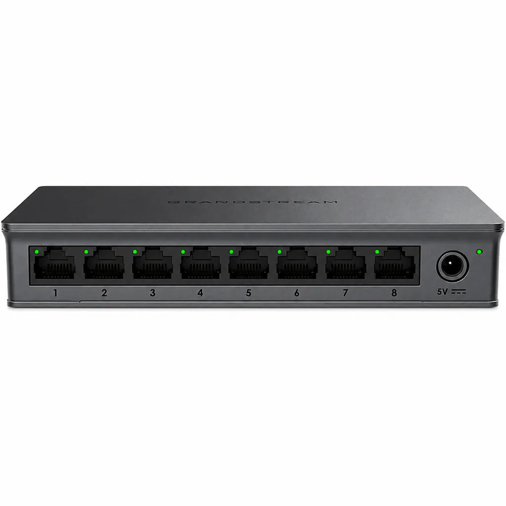Grandstream GWN7701 8-Port Gigabit Unmanaged Network Switch front view with eight RJ45 Gigabit Ethernet ports and power input.