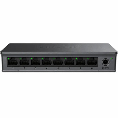 Grandstream GWN7701 8-Port Gigabit Unmanaged Network Switch front view with eight RJ45 Gigabit Ethernet ports and power input.