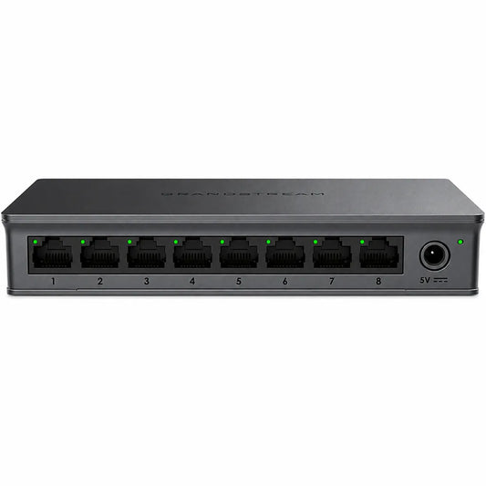 Grandstream GWN7701 8-Port Gigabit Unmanaged Network Switch front view with eight RJ45 Gigabit Ethernet ports and power input.