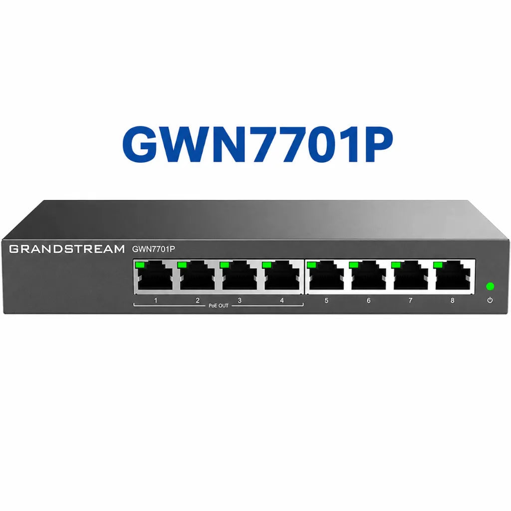 Grandstream GWN7701P 8-Port Gigabit PoE+ unmanaged network switch front view with 4 PoE+ ports for IP phones, IP cameras and WiFi access points.