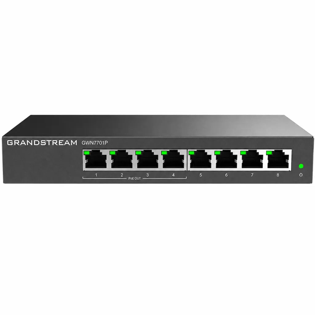 Front view of Grandstream GWN7701P 8-Port Gigabit unmanaged PoE+ Ethernet switch with eight RJ45 Gigabit ports.