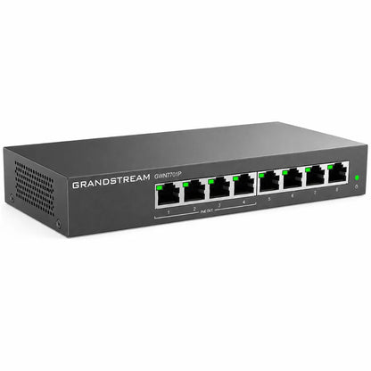 Left angled view of Grandstream GWN7701P unmanaged 8-port Gigabit PoE+ network switch with durable metal housing.