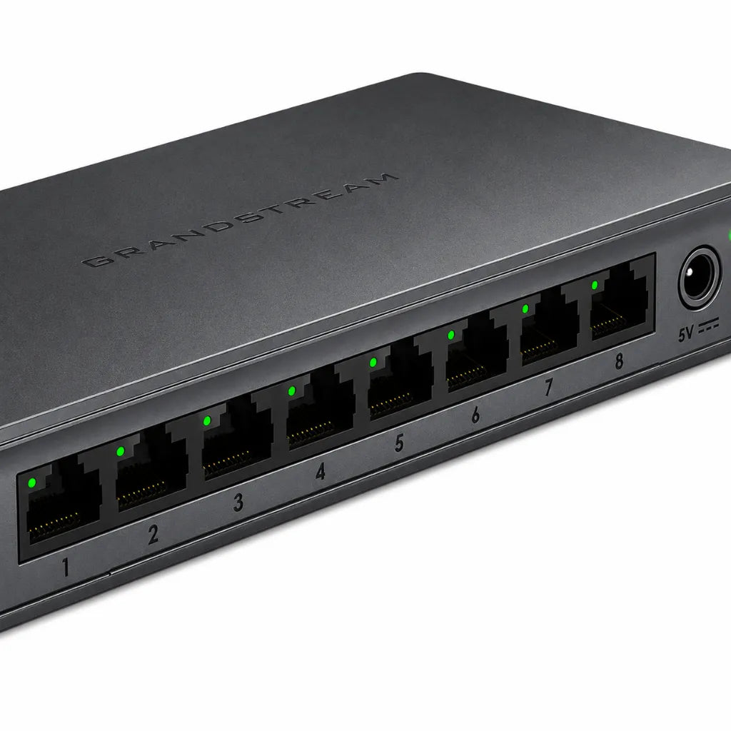 Rear close-up of Grandstream GWN7701P showing Gigabit Ethernet ports, LED indicators and DC power input.