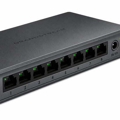 Rear close-up of Grandstream GWN7701P showing Gigabit Ethernet ports, LED indicators and DC power input.