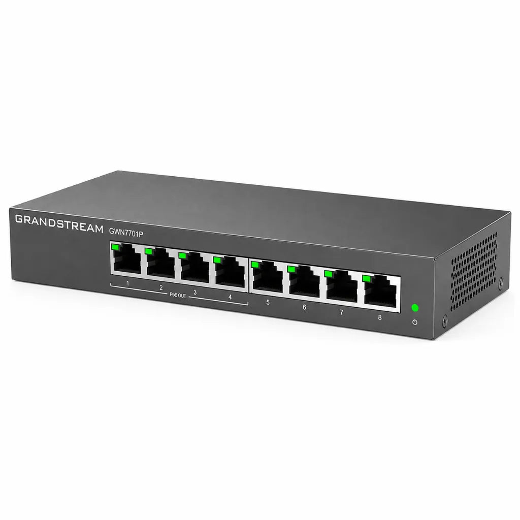Right angled view of Grandstream GWN7701P 8-Port Gigabit PoE+ unmanaged Ethernet switch for business networking.