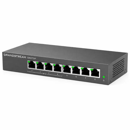 Right angled view of Grandstream GWN7701P 8-Port Gigabit PoE+ unmanaged Ethernet switch for business networking.