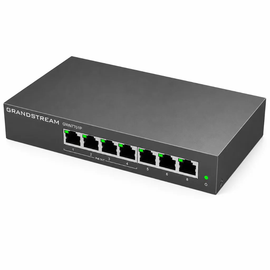 Top left perspective of Grandstream GWN7701P Gigabit PoE+ unmanaged network switch with 8 RJ45 ports.