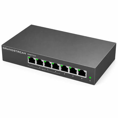 Top left perspective of Grandstream GWN7701P Gigabit PoE+ unmanaged network switch with 8 RJ45 ports.