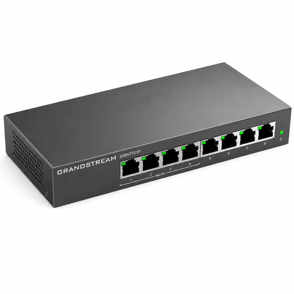Top right perspective of Grandstream GWN7701P 8-Port Gigabit unmanaged PoE+ switch designed for office network deployment.