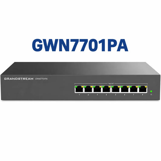 Grandstream GWN7701PA 8-Port Gigabit PoE+ unmanaged network switch front view with eight RJ45 Ethernet ports.